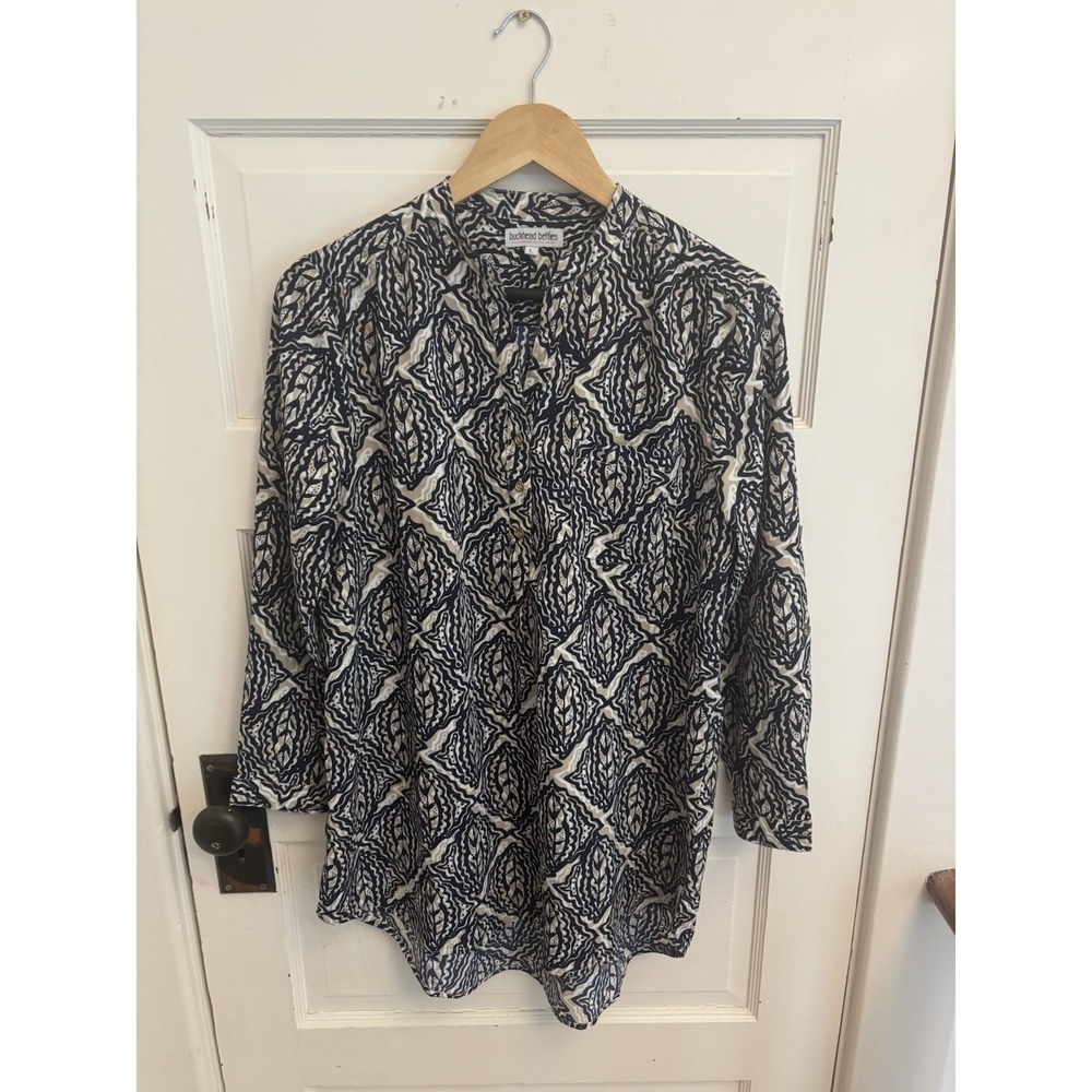Buckhead Betties Women's Navy Patterned Roll Sleeve Tunic Pocket Size Large